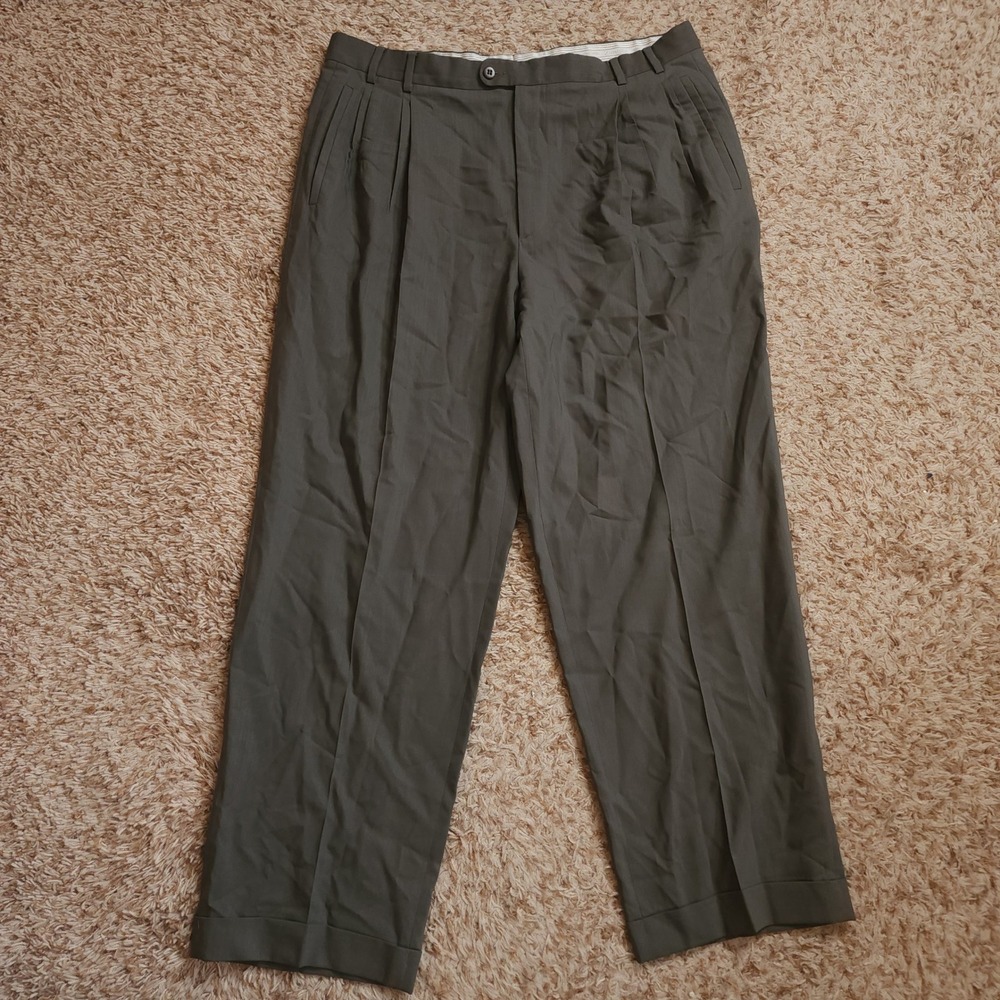 Zanella Jesse Trousers Men 36 Olive Grey Pleated Cuffed Wool Made in Italy